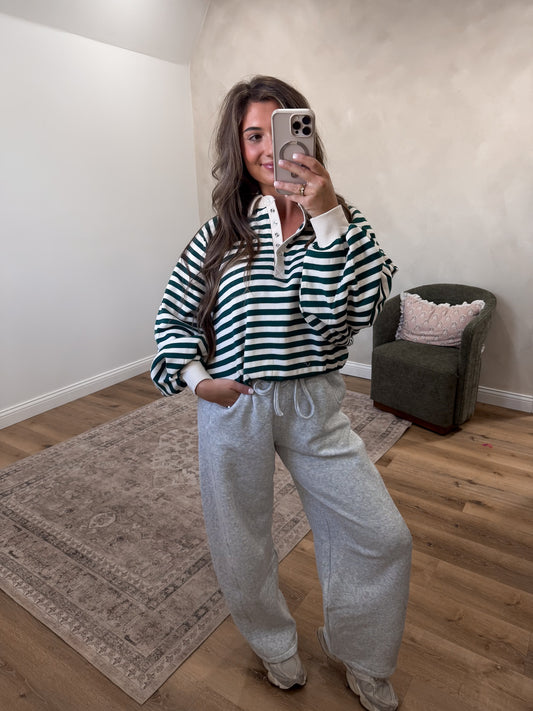 Megan Striped Half Snap Pullover - hunter green