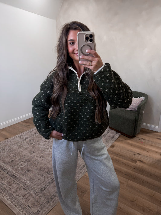 Field of Hearts Sherpa Half Zip Pullover - dark olive