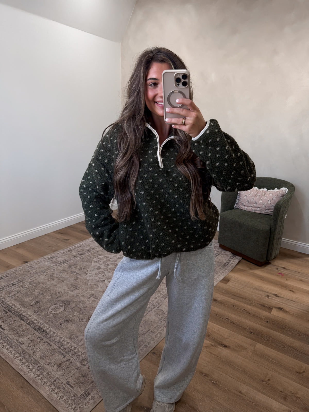 Field of Hearts Sherpa Half Zip Pullover - dark olive