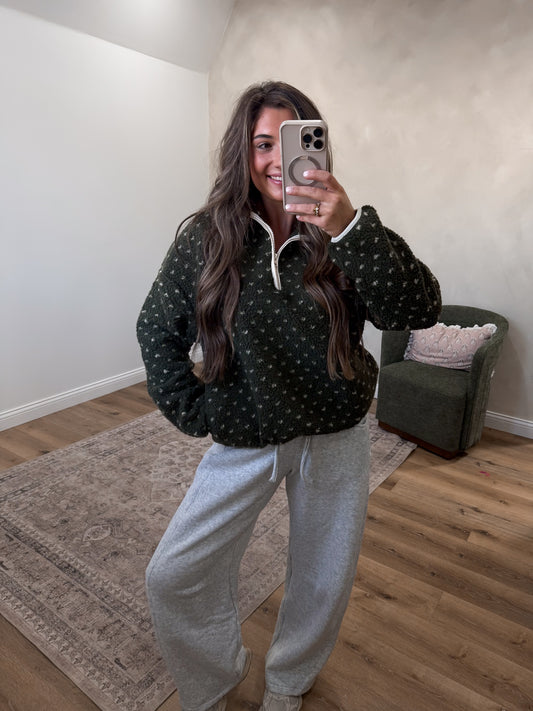 Field of Hearts Sherpa Half Zip Pullover - dark olive