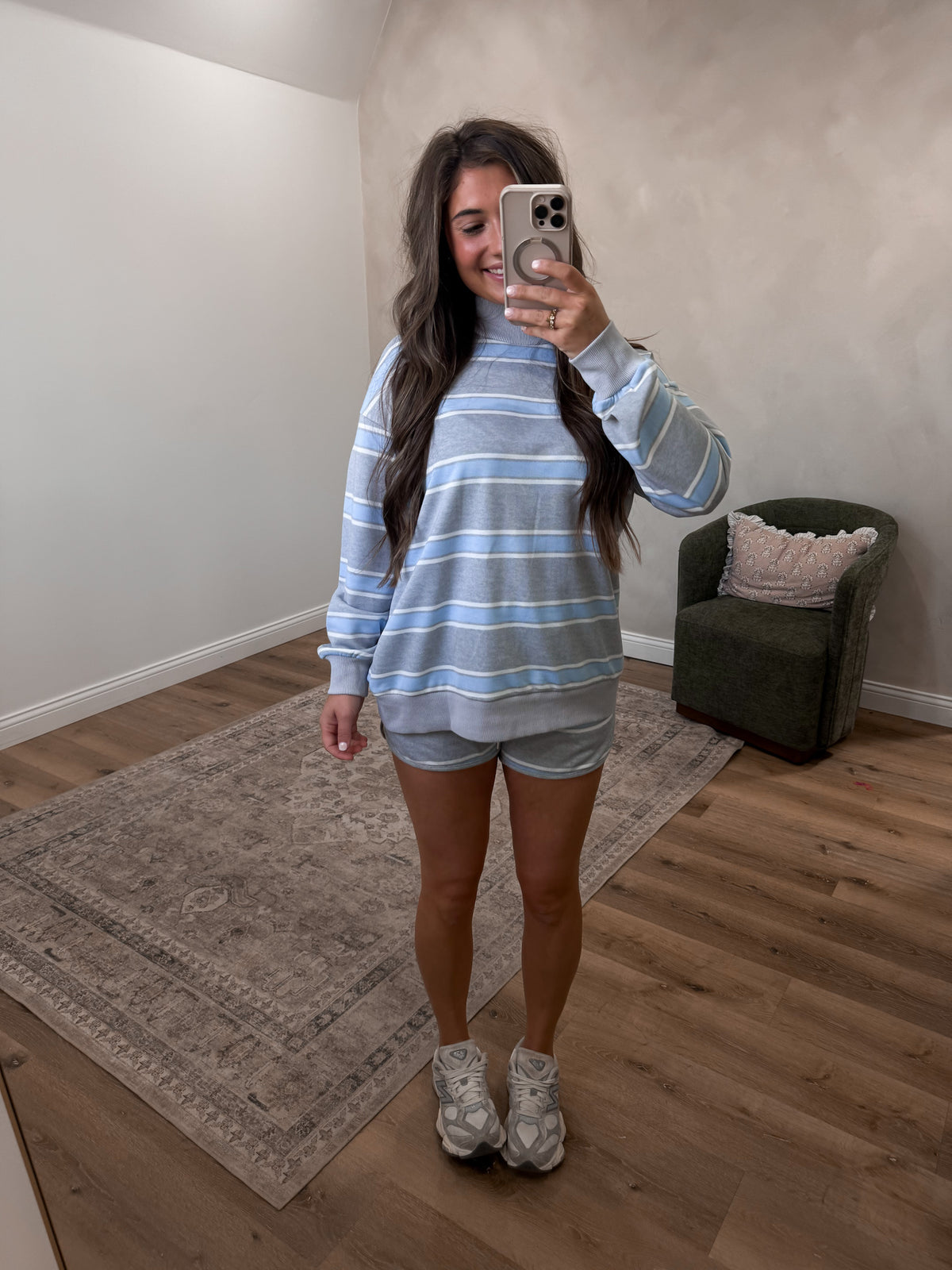 Good Trouble Striped Mock Neck Set - sky blue