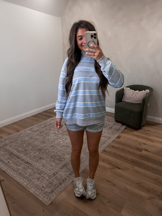 Good Trouble Striped Mock Neck Set - sky blue