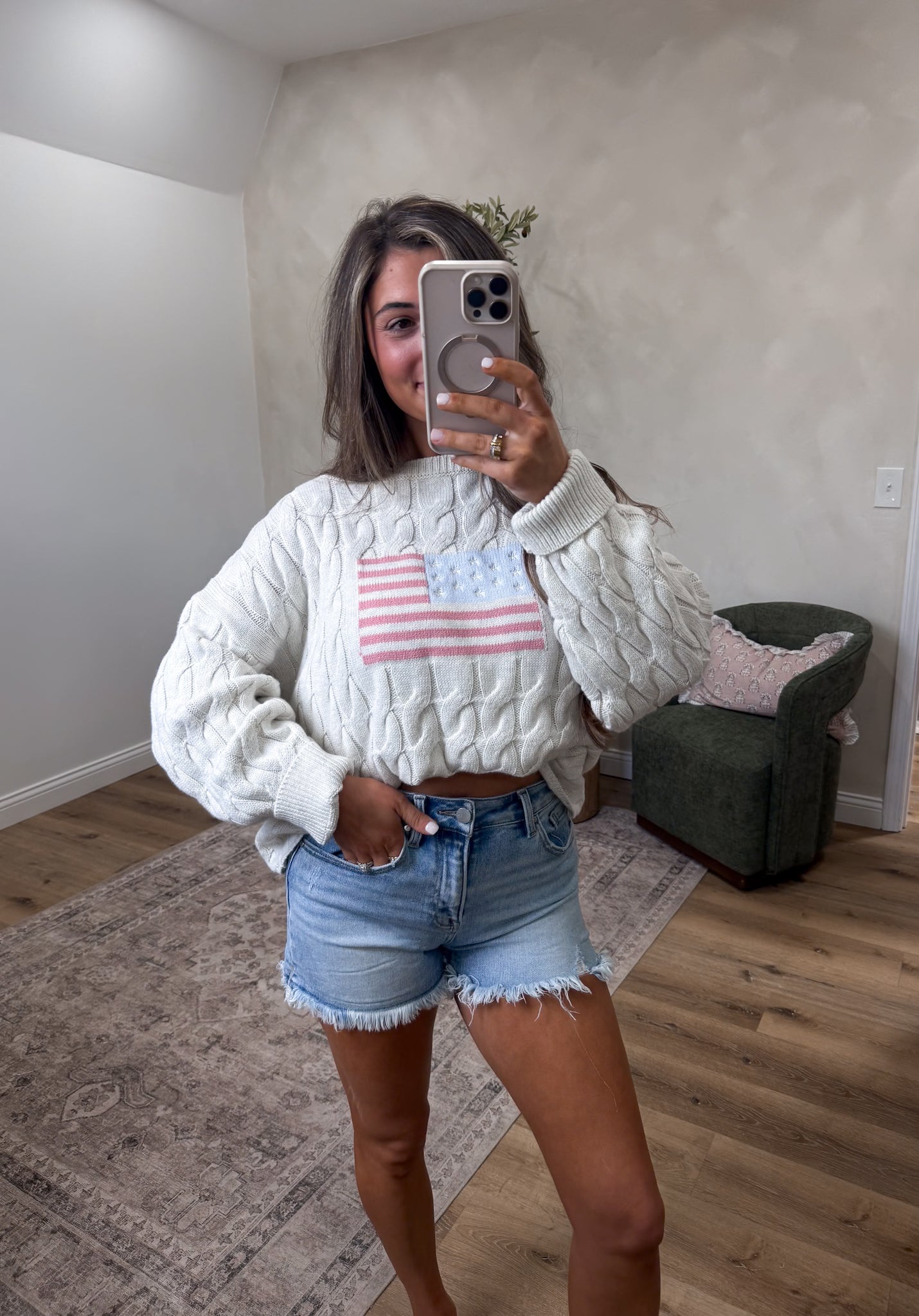 Boat Neck American Flag Sweater - cream