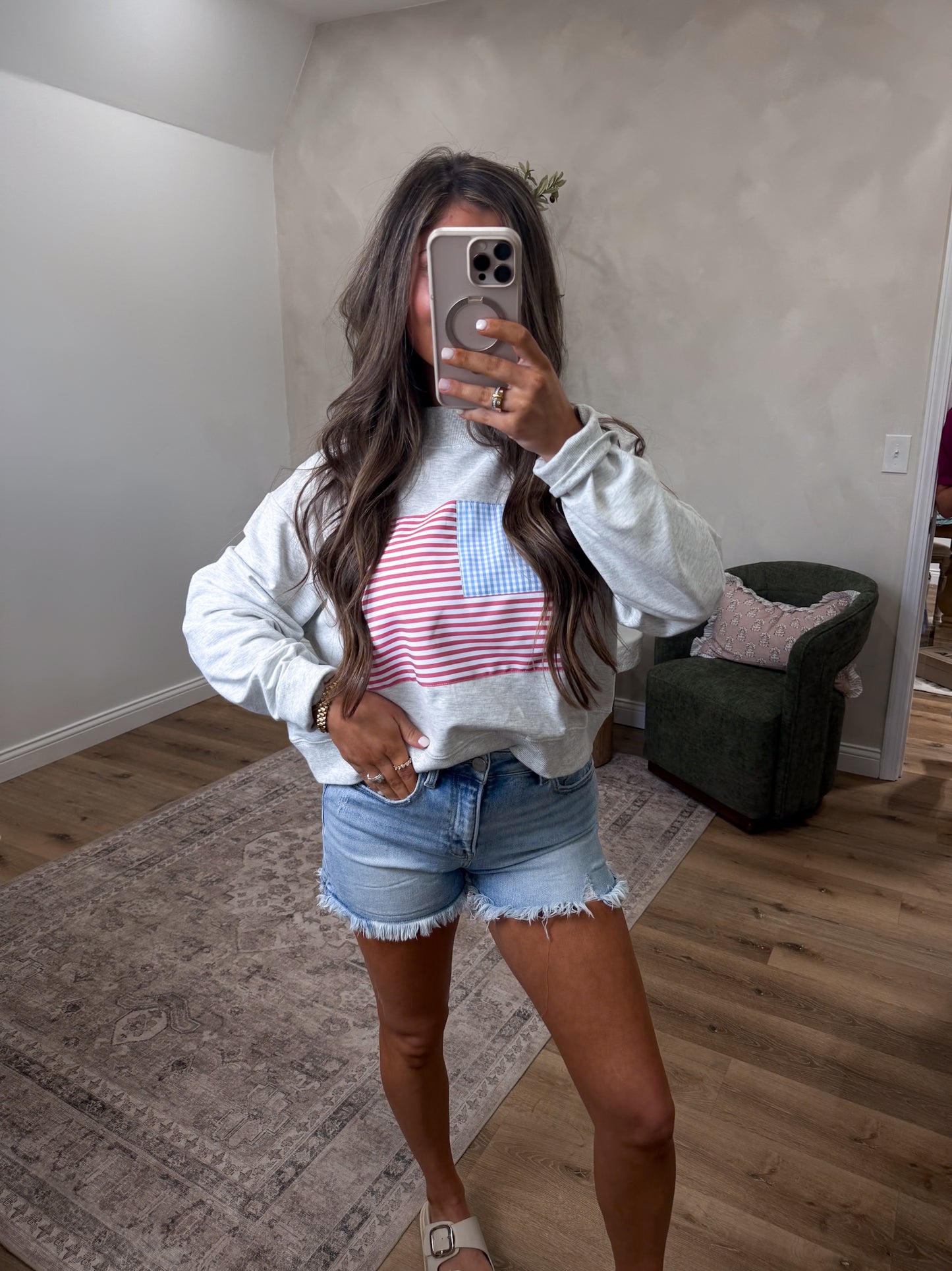 American Flag Mockneck - heather grey