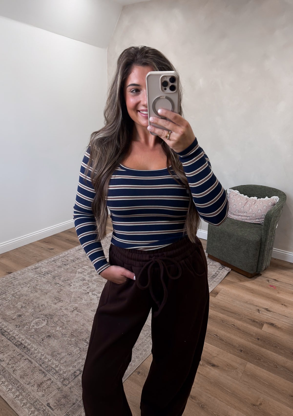 Everyday Rotation Scoop Neck Striped Long Sleeve - navy