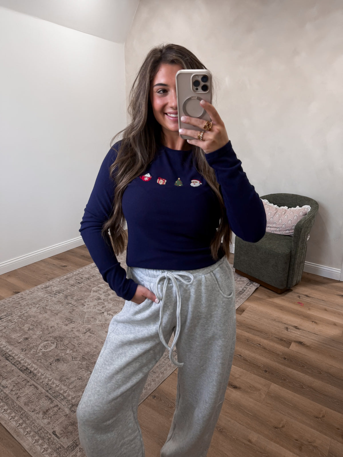 Christmas Elements Ribbed Long Sleeve - navy