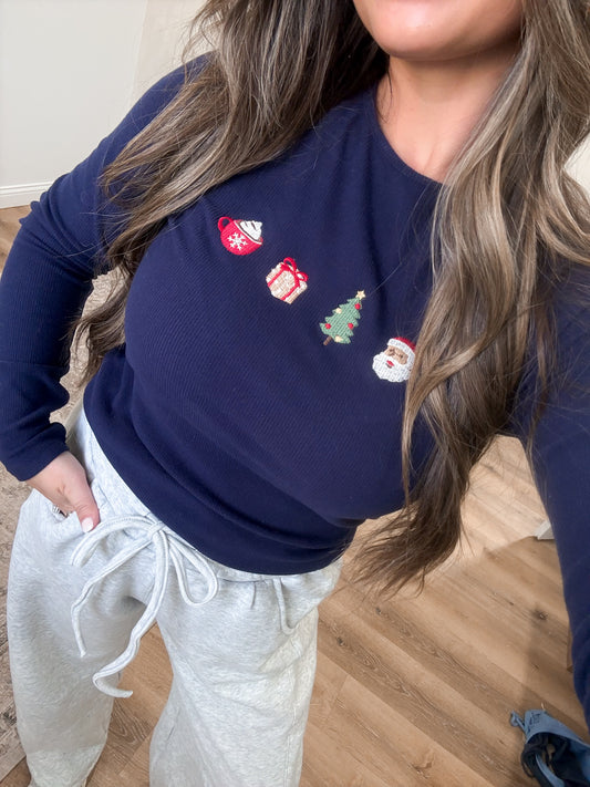 Christmas Elements Ribbed Long Sleeve - navy