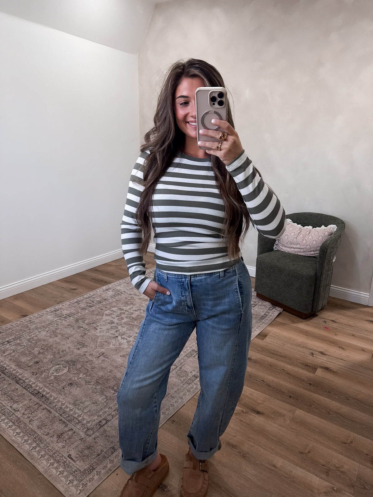 Second Nature Striped Long Sleeve - olive/soft white