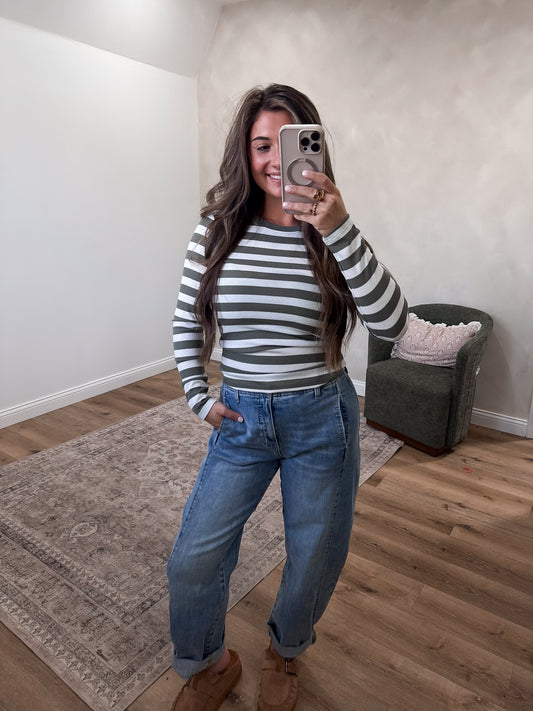 Second Nature Striped Long Sleeve - olive/soft white