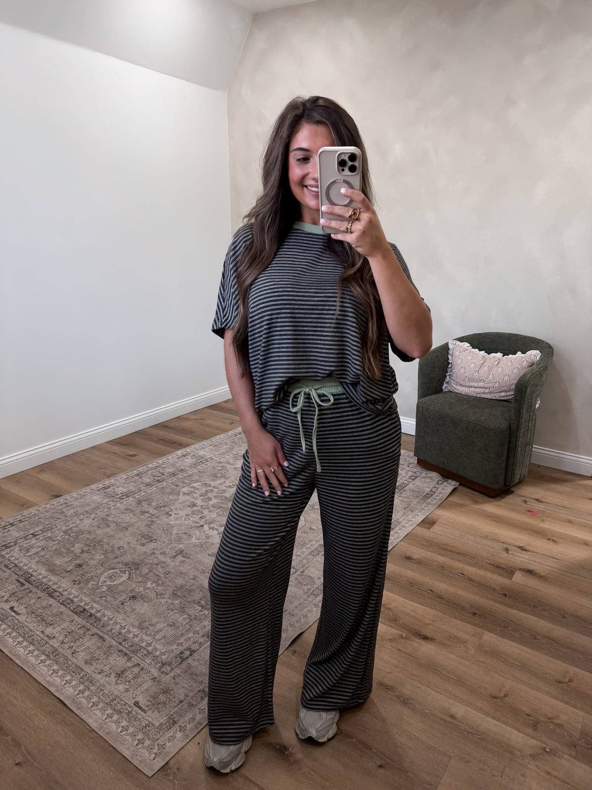 Lydia short sleeve Striped  Lounge Set - charcoal