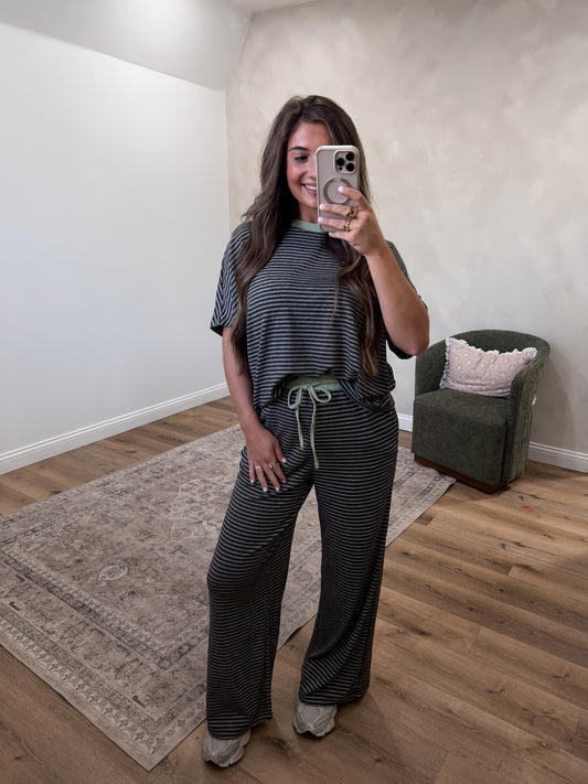 Lydia short sleeve Striped  Lounge Set - charcoal