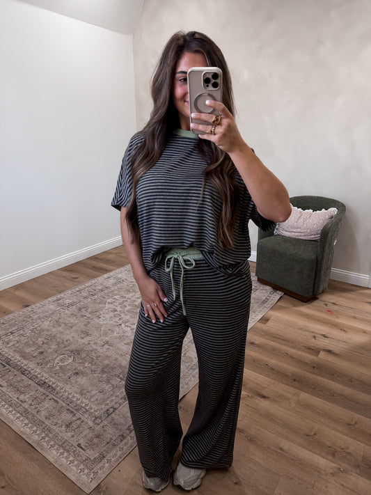 Lydia short sleeve Striped  Lounge Set - charcoal
