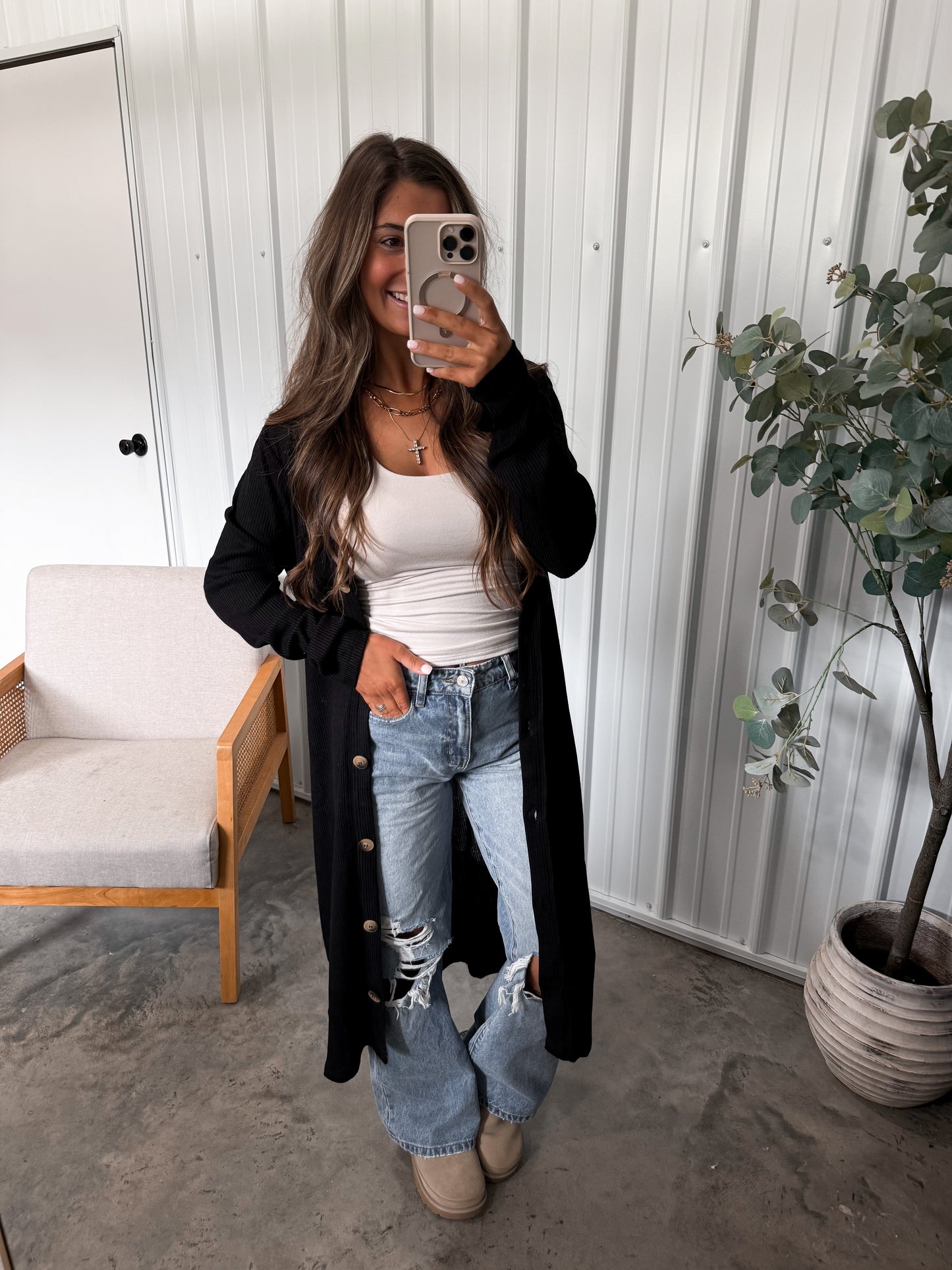 Cozy Ribbed Longline Cardigan- Black