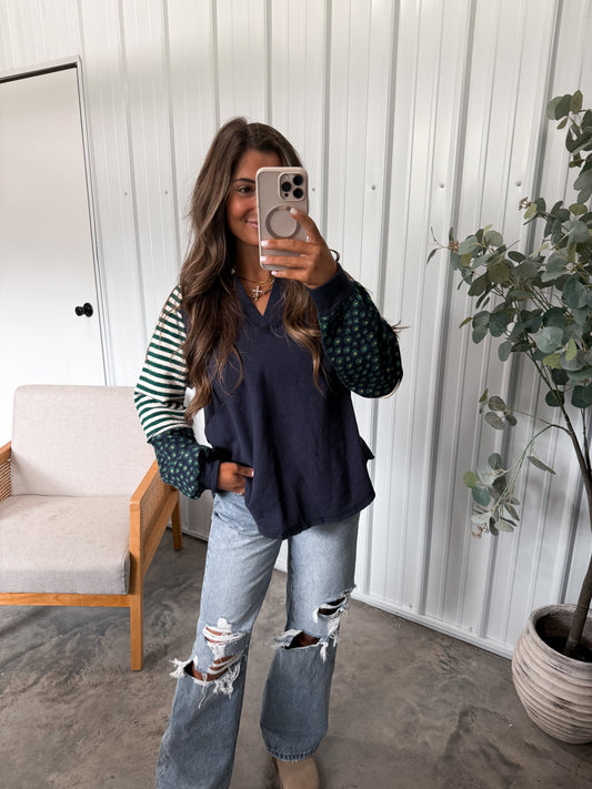 Floral Striped Patchwork Pullover- Navy/Hunter Green