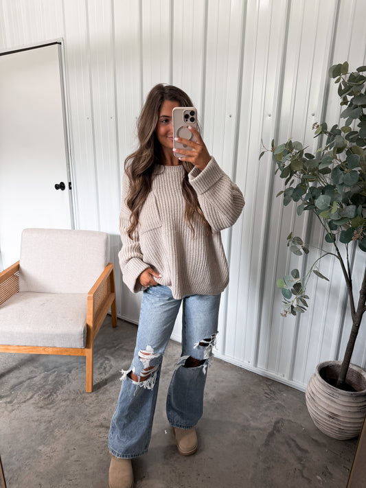 Oversized Cozy Ribbed Sweater- light taupe