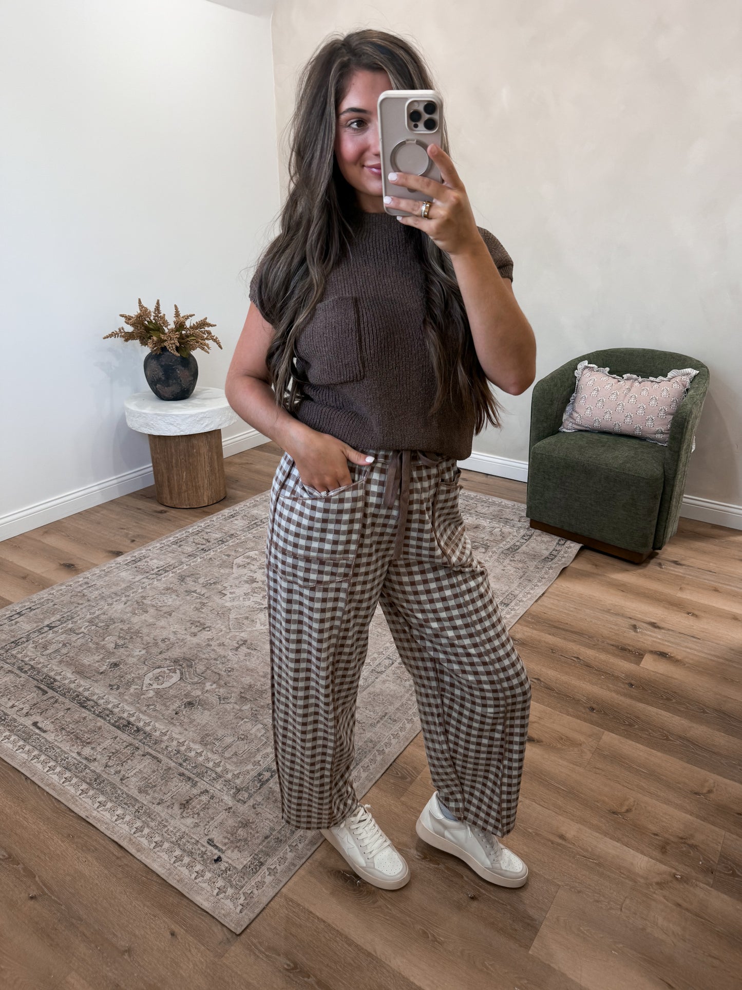 Rhodes Soft Brushed Gingham Pants - mocha