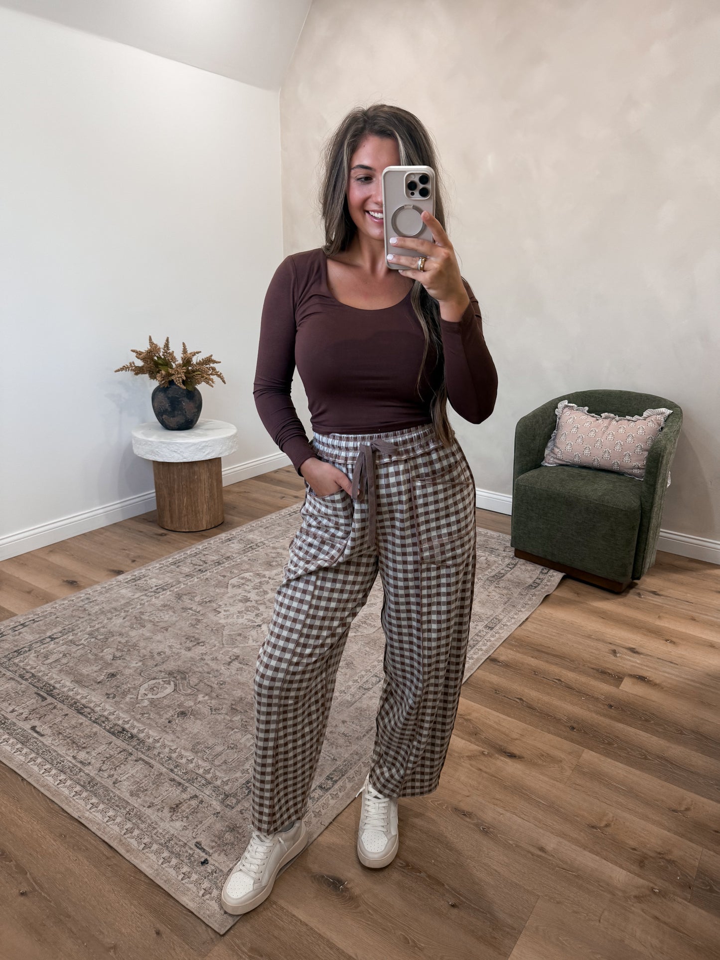 Rhodes Soft Brushed Gingham Pants - mocha