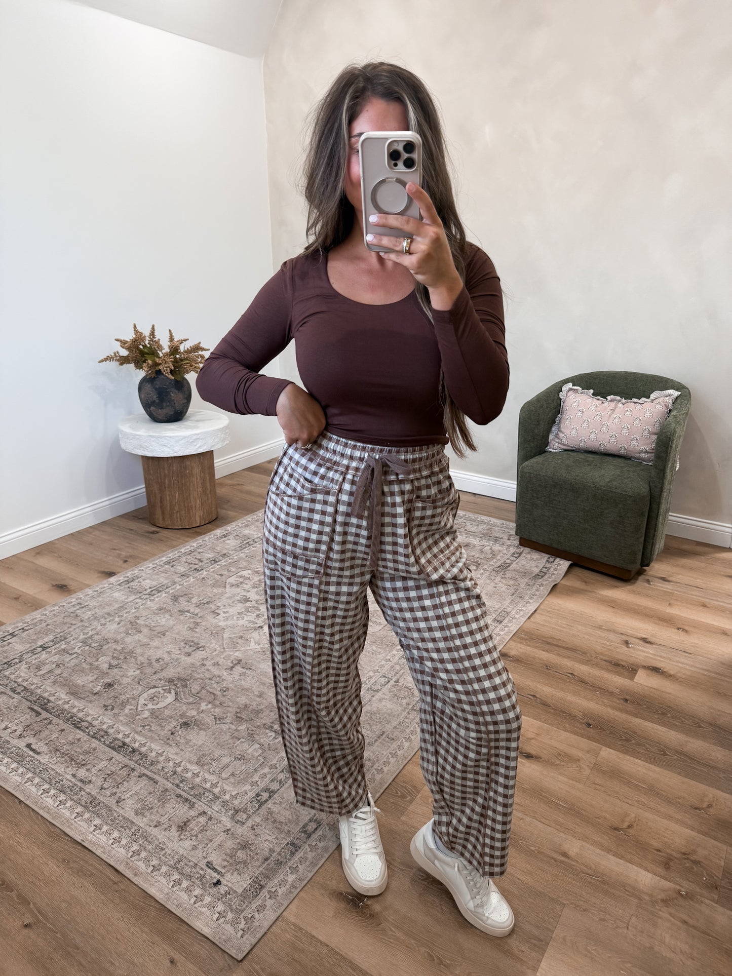 Rhodes Soft Brushed Gingham Pants - mocha