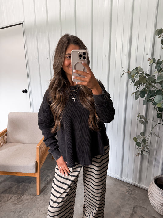 Whitney Washed Waffle Pullover- Black