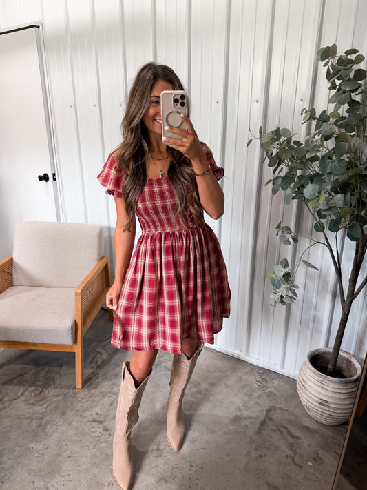 Country Nights Mini Dress- Burgandy Plaid