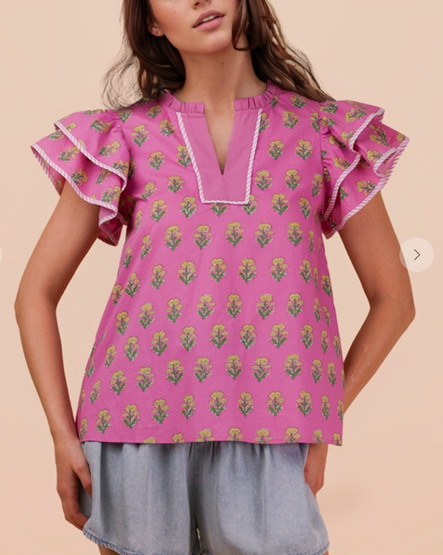 Pure Joy Printed Ruffle Sleeve Blouse - pink mix