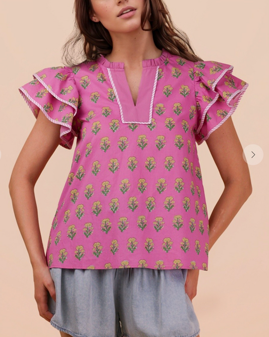Pure Joy Printed Ruffle Sleeve Blouse - pink mix